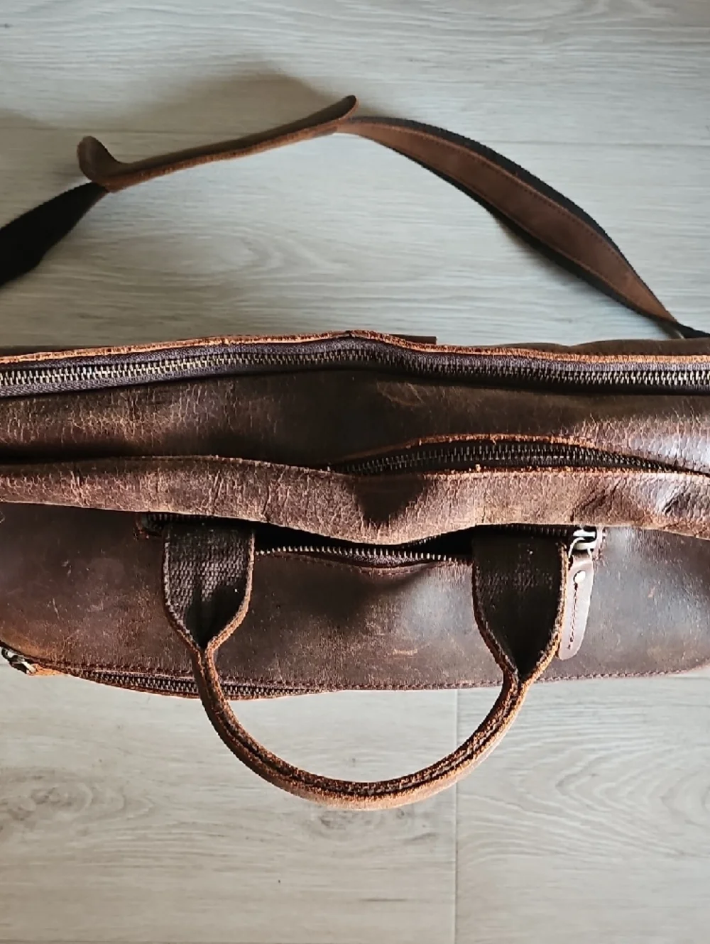 Distressed Brown Leather Laptop Messenger Bag with Shoulder Strap